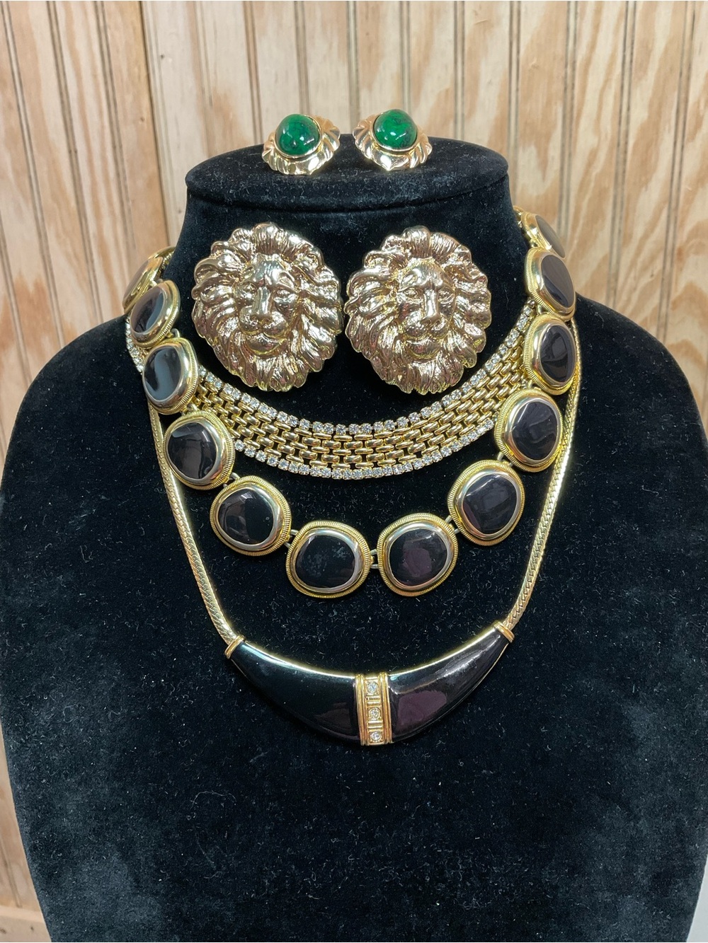 Gold-Tone Black Cabochon Lion Statement Necklace & Earring Set